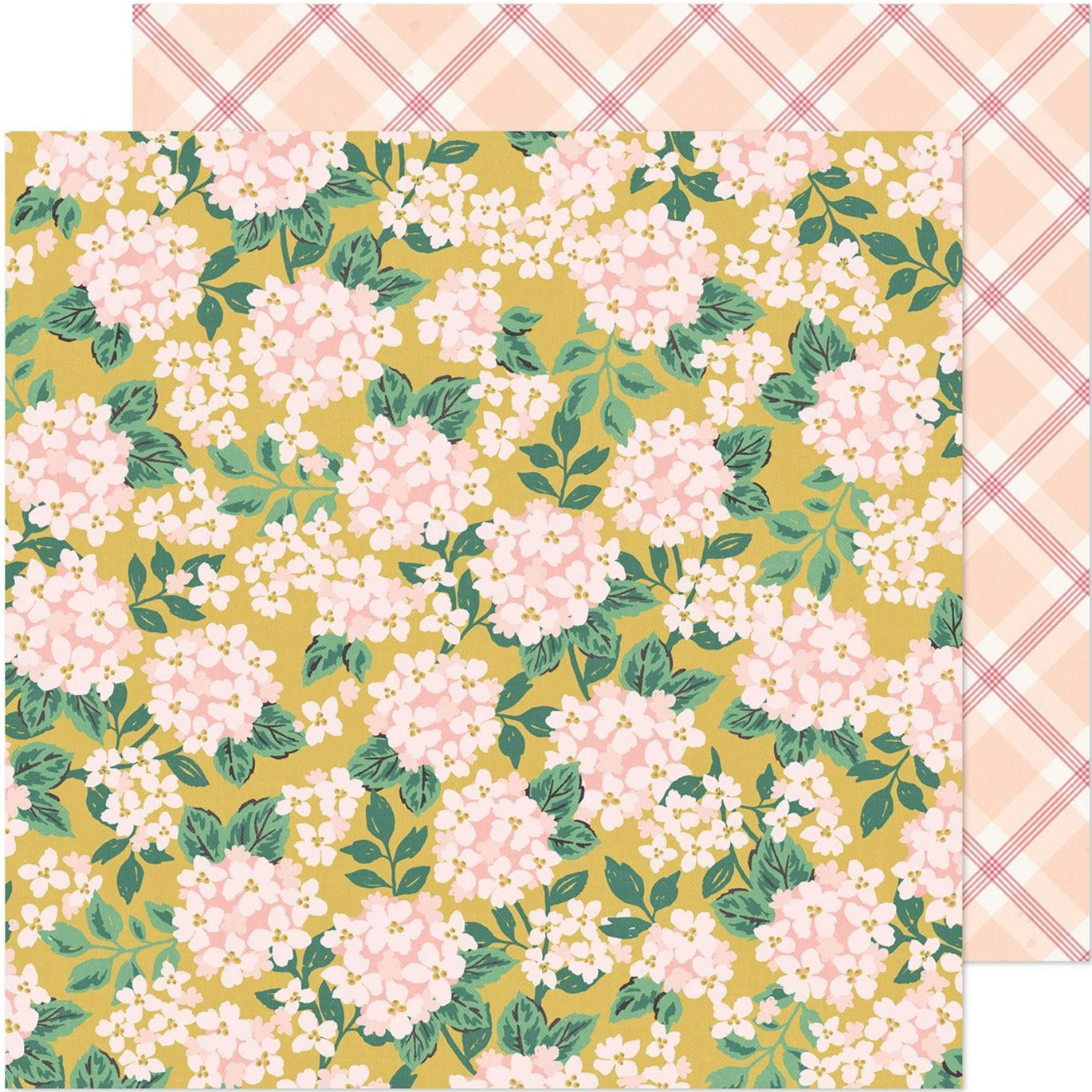 (Side A - pink hydrangea flowers with green leaves on a yellow background, Side B - pink plaid pattern)