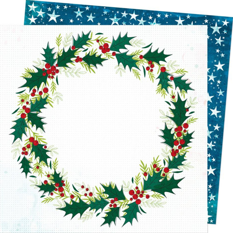 Christmas-themed paper with holly wreath design and star background reverse