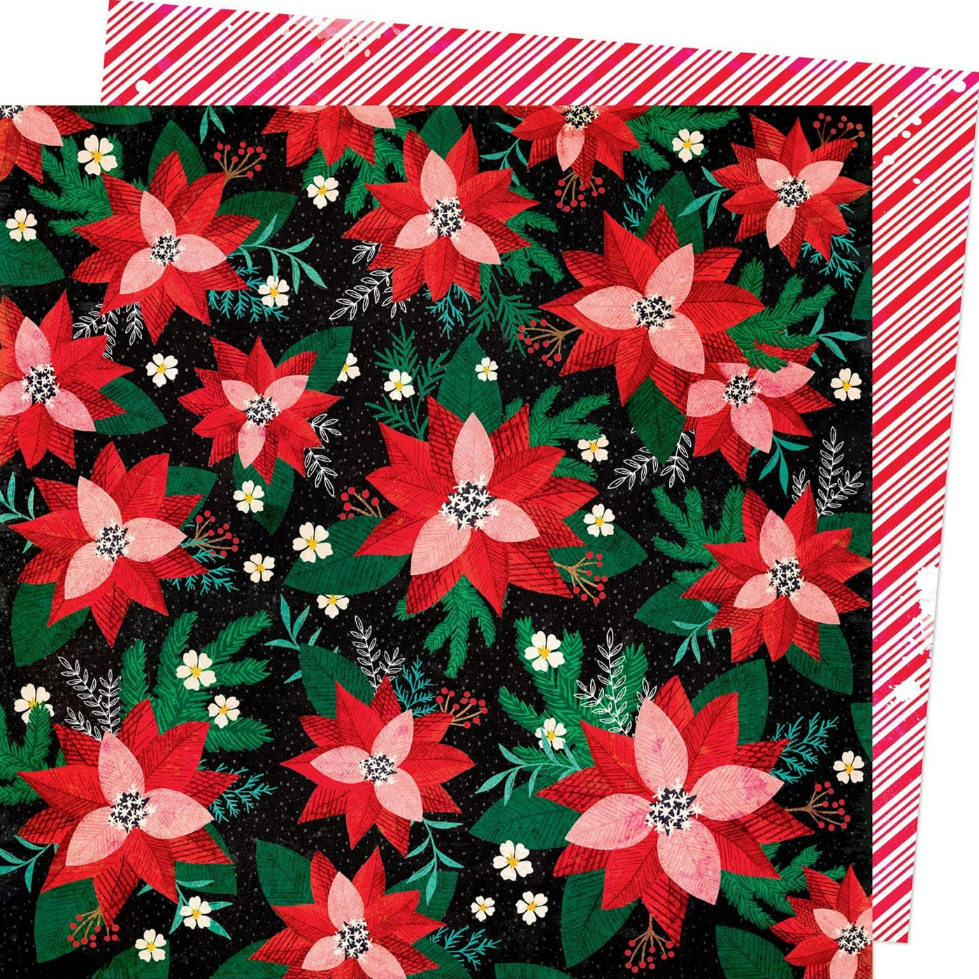 12x12 patterned cardstock (Side A - red  poinsettias in various sizes on a black background, Side B - red and white candy cane stripes) Archival quality.