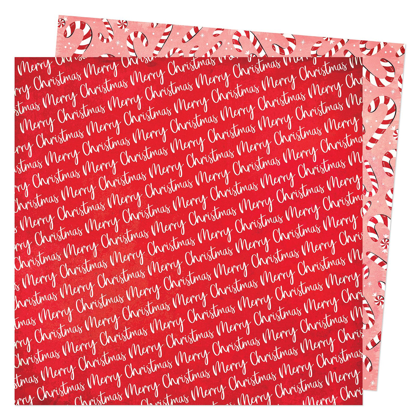 12x12 patterned cardstock (Side A - words "Merry Christmas" all over on a red background, Side B - Christmas candy canes on a pink background) Archival quality.