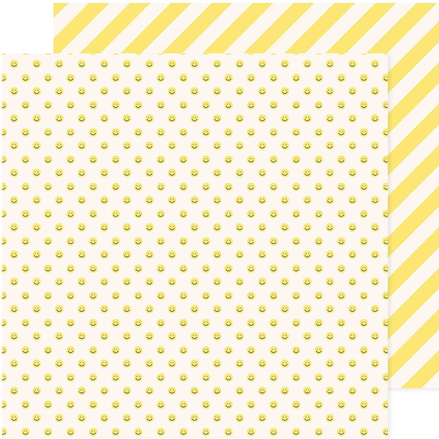 12x12 double-sided patterned cardstock - (Side A - rows of yellow smiley faces on a white background, Side B - yellow and white diagonal stripes) - Pebbles