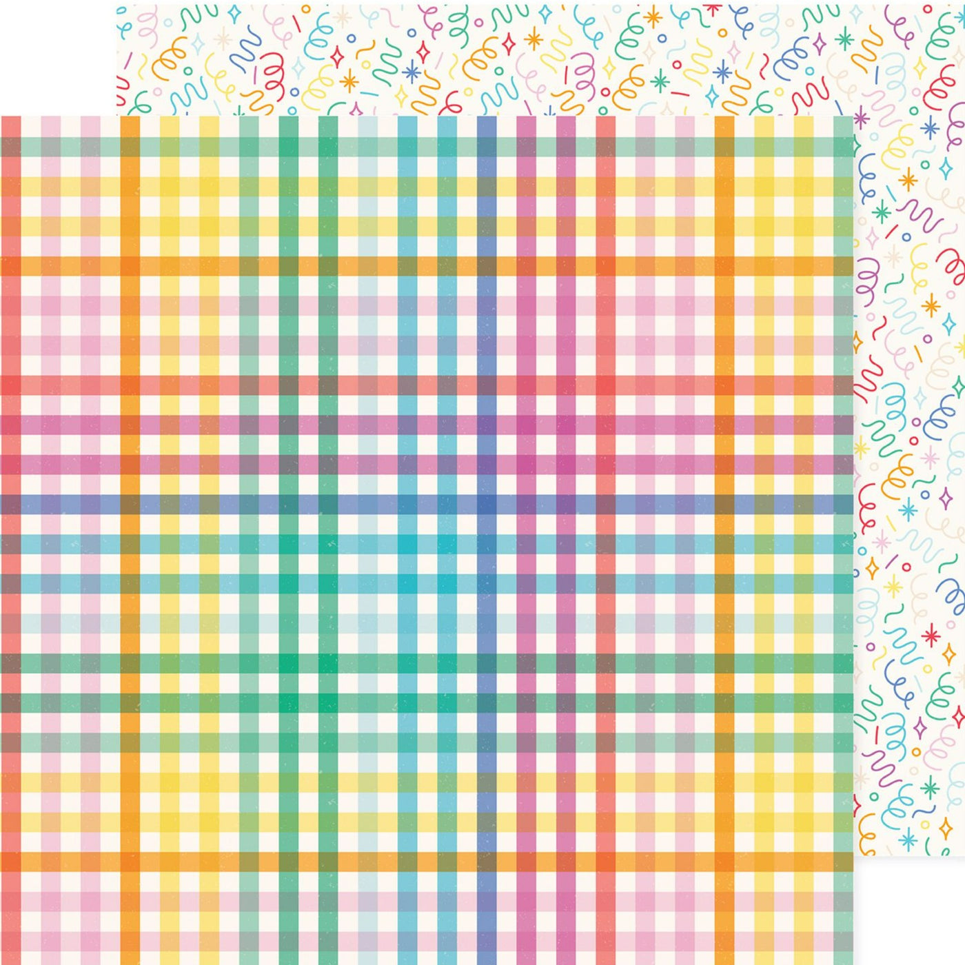 12x12 double-sided patterned cardstock - (Side A - plaid in a rainbow of colors on a white background, Side B - confetti in a rainbow of colors on a white background) - Pebbles