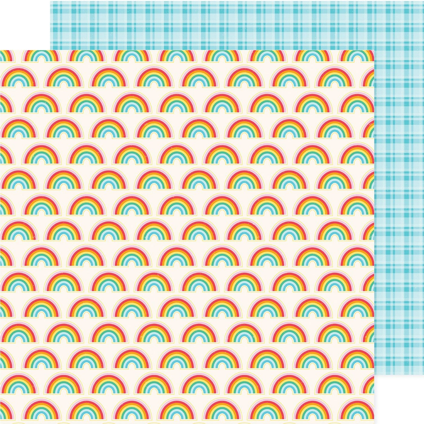 12x12 double-sided patterned cardstock - (Side A - rows of rainbow on an off-white background, Side B - turquoise plaid on a turquoise on a white background) - Pebbles