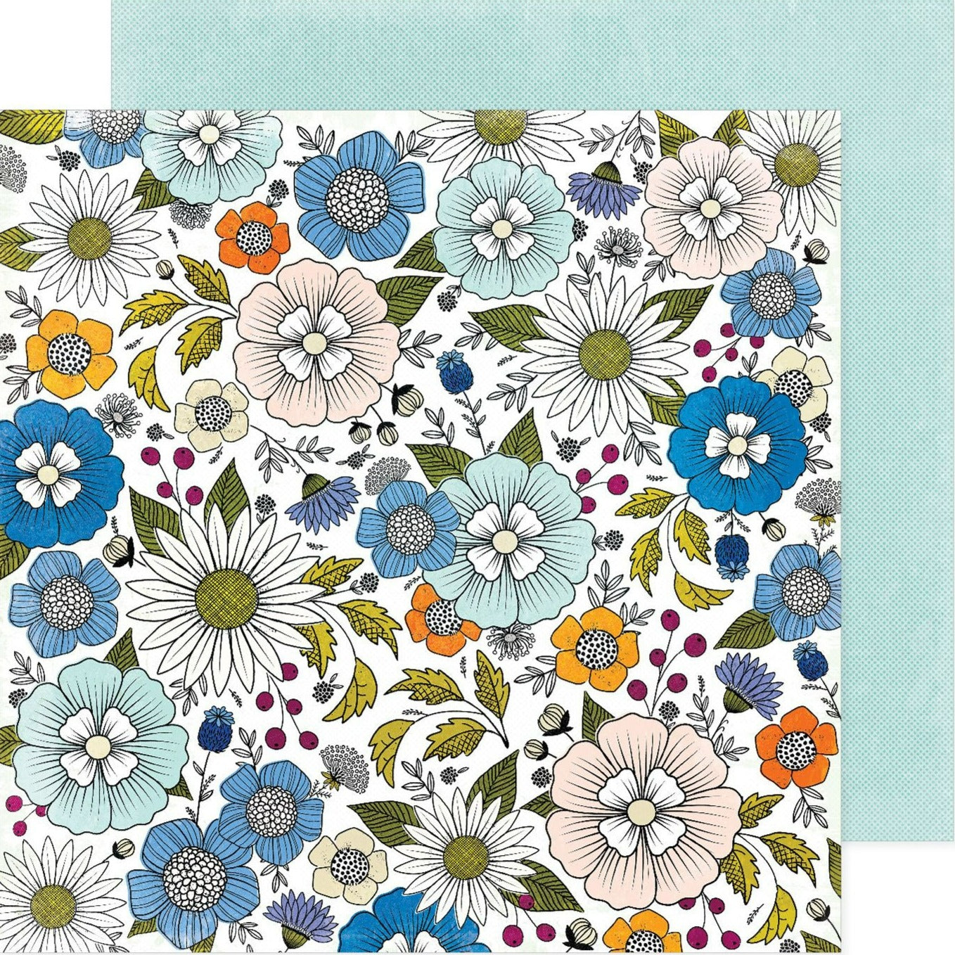 12x12 patterned cardstock. (Side A - beautiful floral in multiple colors on a white background; Side B - blue microdots on a teal blue background) - Archival-safe and acid-free from American Crafts
