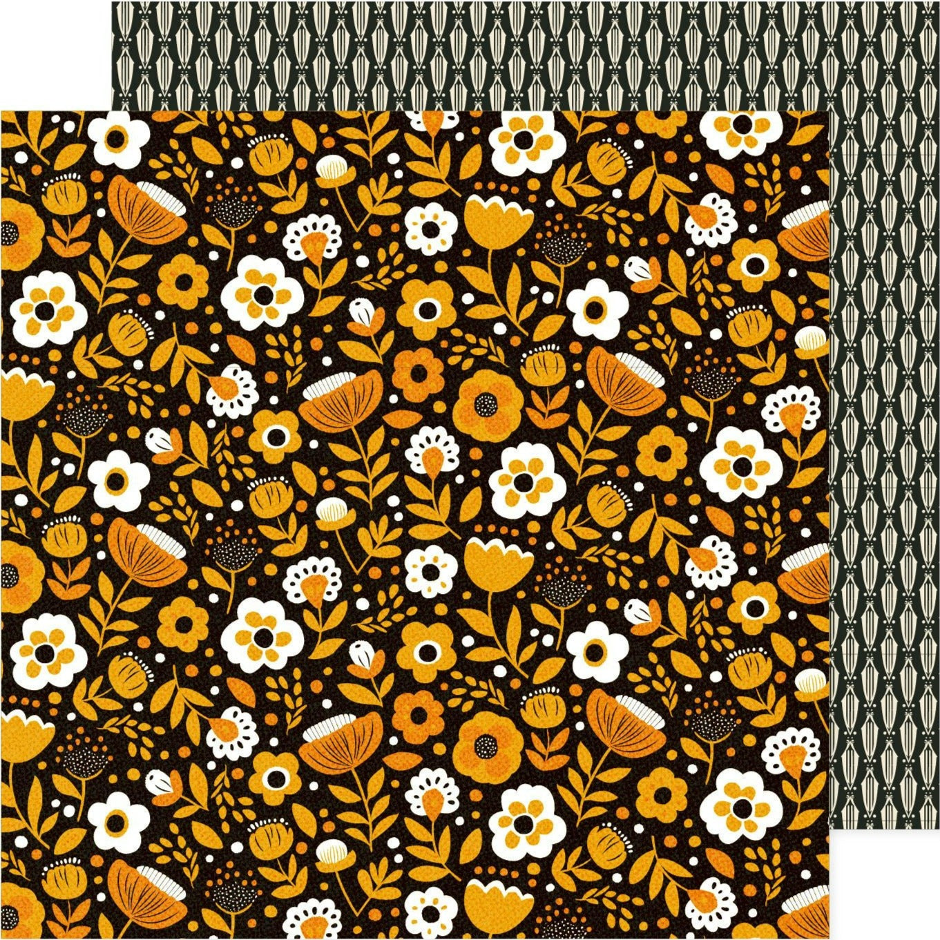 12x12 patterned cardstock. (Side A - orange vintage floral pattern on a black background, Side B - black and cream geometric pattern) - Archival-safe and acid-free from American Crafts