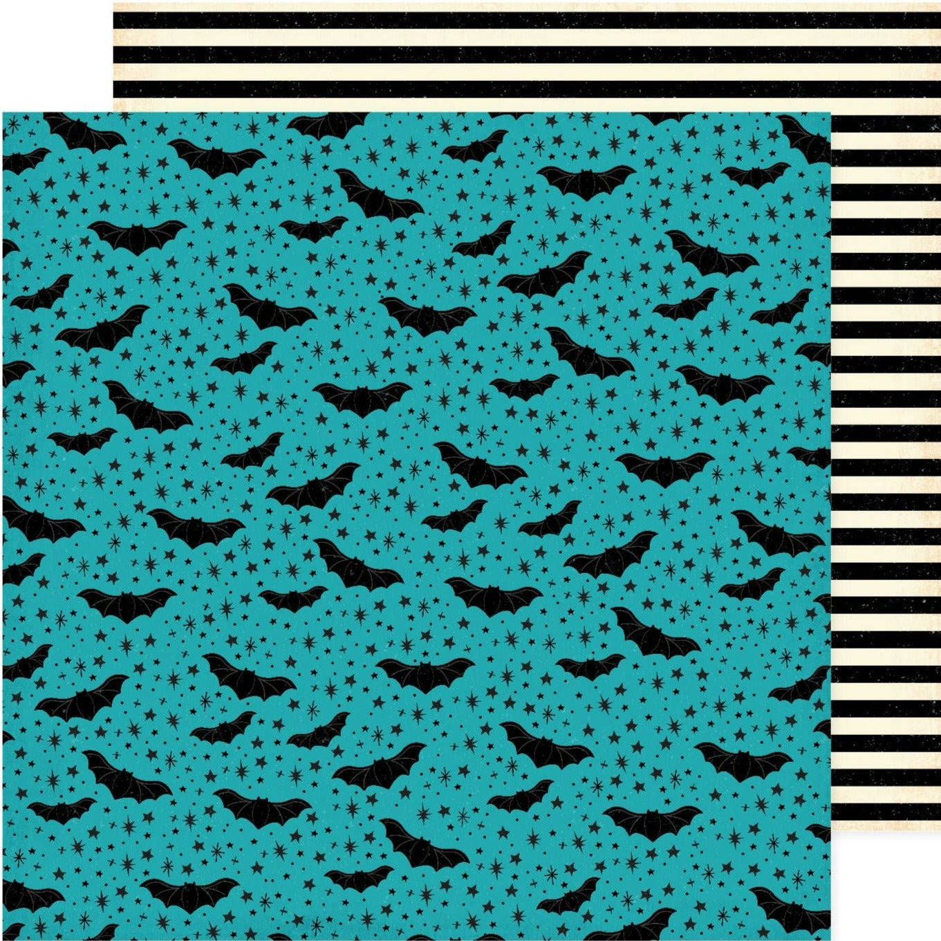 (spooky bats and stars on a turquoise background - black and white stripes reverse) - on double-sided 12x12 cardstock. From American Crafts.