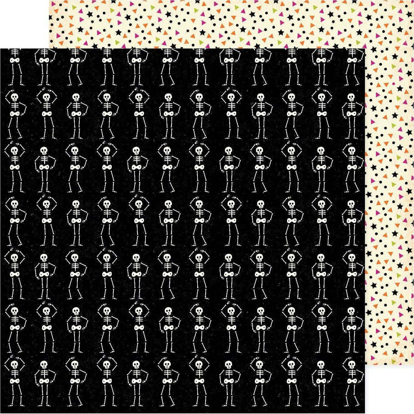 (dancing white skeletons on a black background - little Halloween-colored triangles and little black stars on a cream background reverse) - on double-sided 12x12 cardstock. From American Crafts.