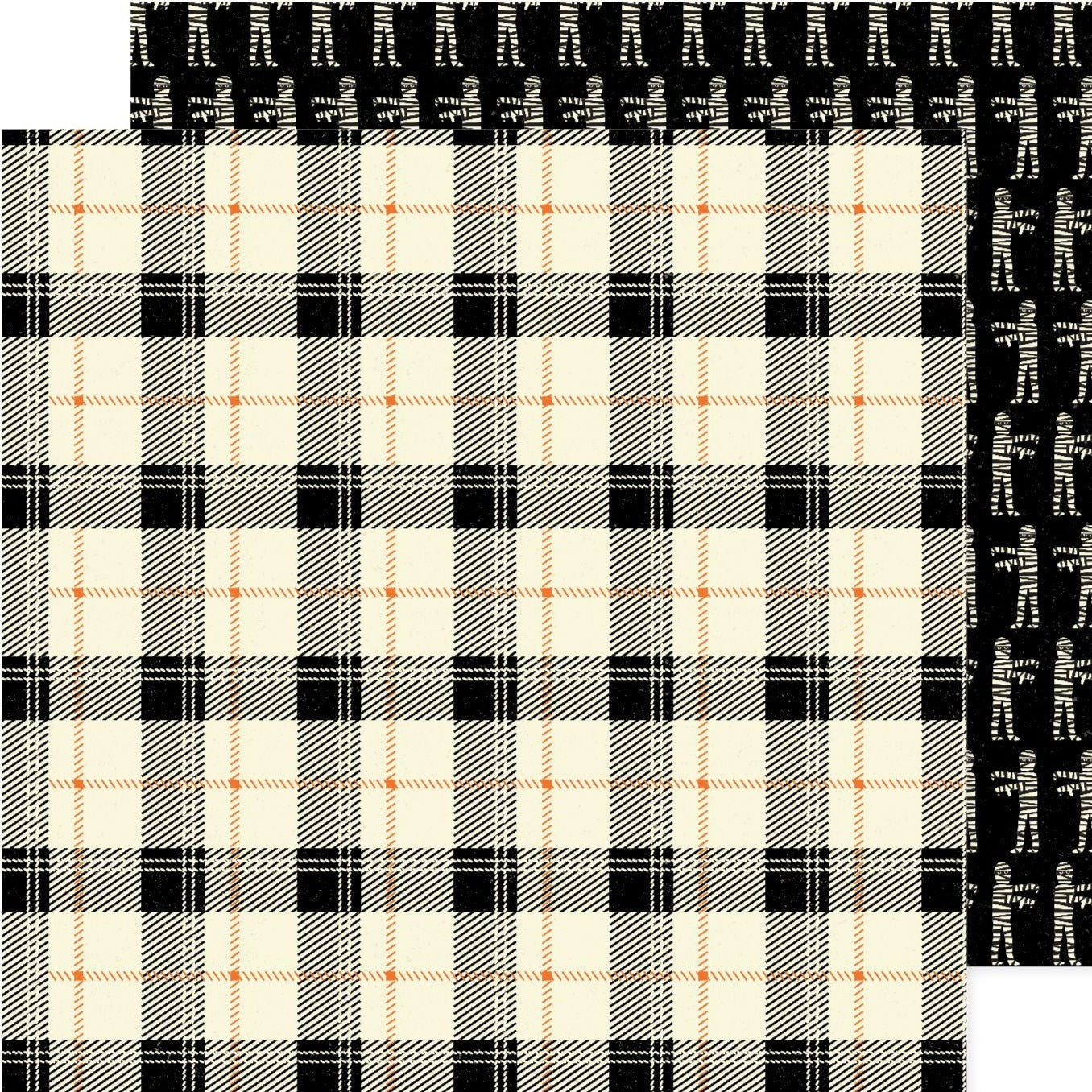 (black and orange plaid on a cream background - cream mummies on black reverse) - on double-sided 12x12 cardstock. From American Crafts.