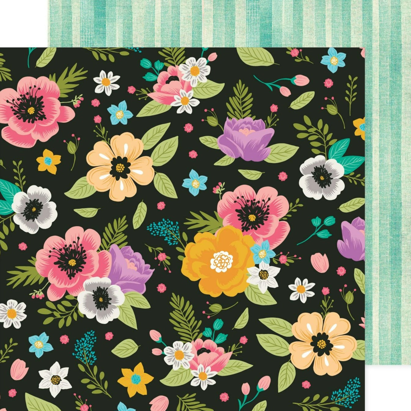 12x12 patterned cardstock. (Side A - bright multi-colored floral with green leaves on a black background, Side B - shades of green verticle lines) - Archival-safe and acid-free from American Crafts