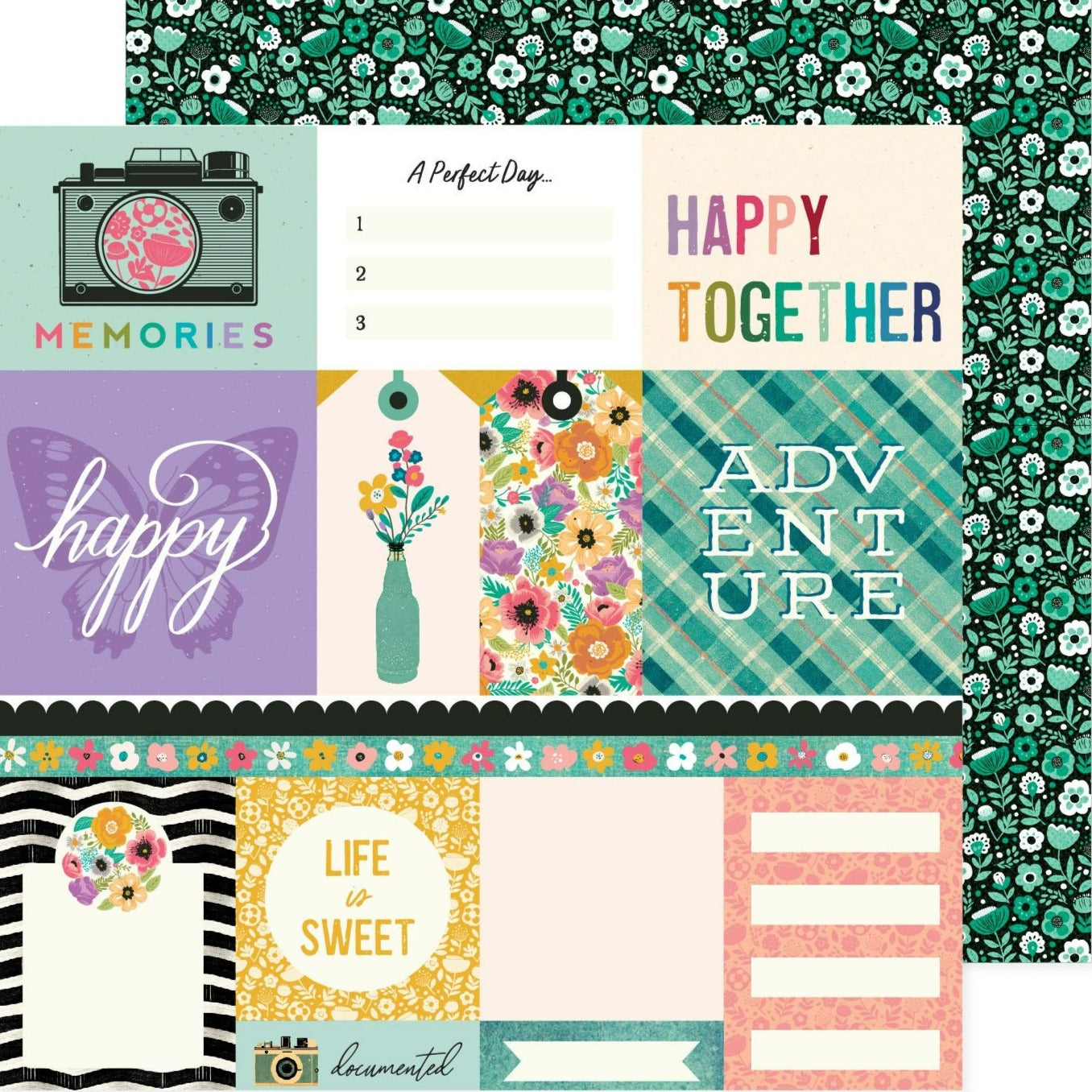 12x12 patterned cardstock. (Side A - fun, everyday journaling cards, Side B - green and white floral pattern on a black background) - Archival-safe and acid-free from American Crafts