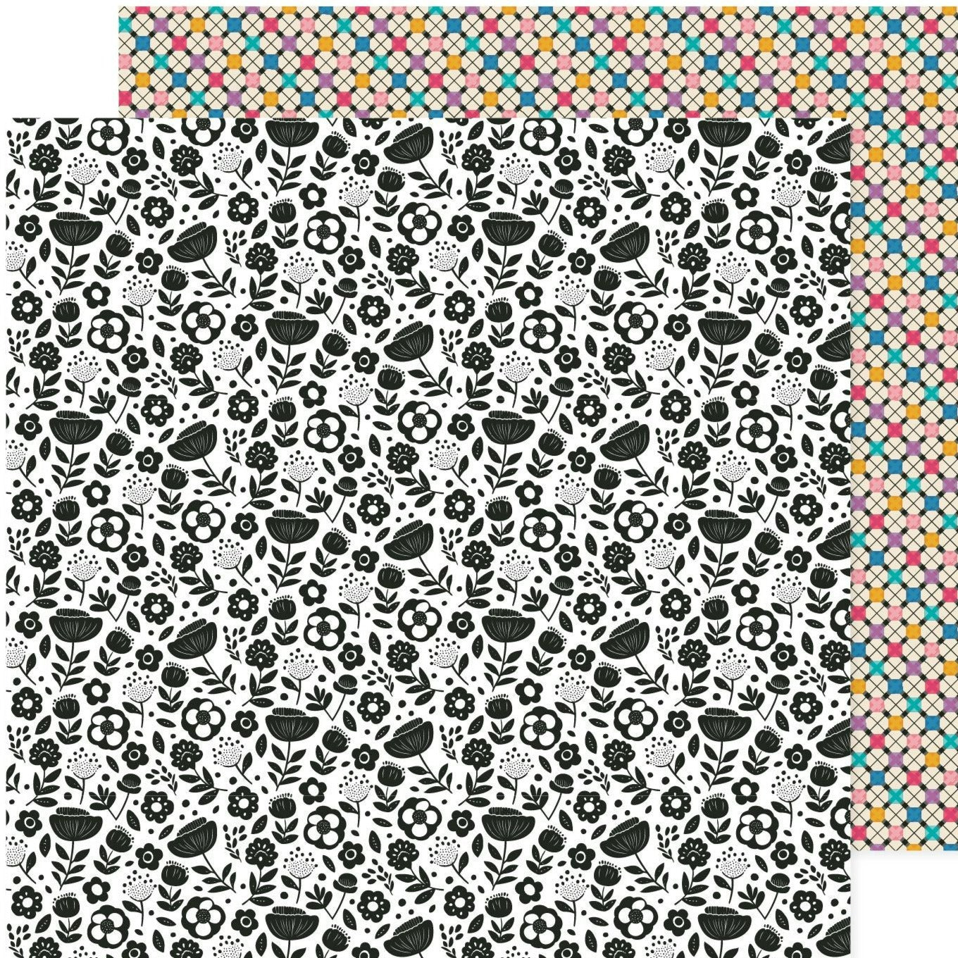 12x12 patterned cardstock. (Side A - black and white floral, Side B - colorful diagonal retro squares pattern) - Archival-safe and acid-free from American Crafts