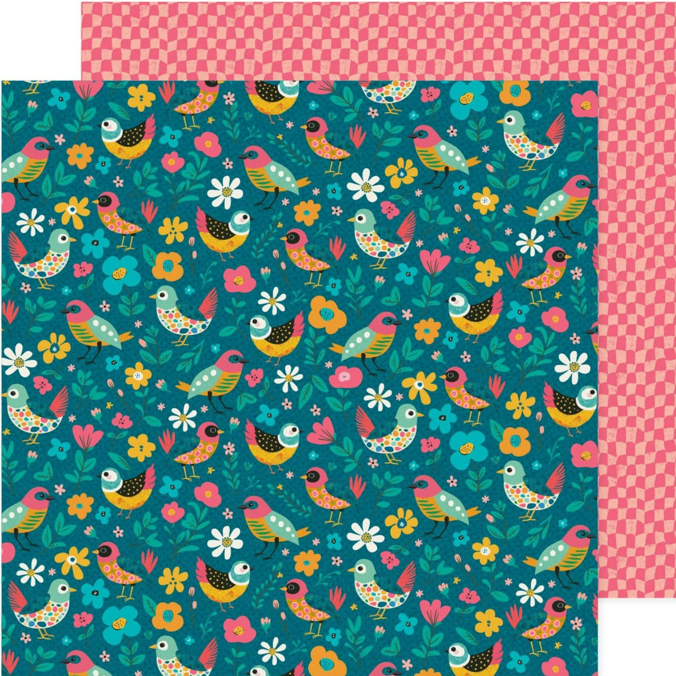12x12 patterned cardstock. (Side A - bright multi-colored birds, flowers and leaves on a turquoise background; Side B - pink and dark pink wavy gingham) - Archival-safe and acid-free from American Crafts