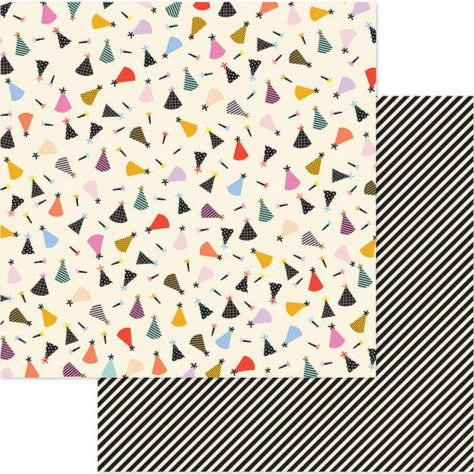 12x12 patterned paper, (Side A - multi-colored party hats on a cream background, Side B - diagonal black and cream stripes) - from American Crafts
