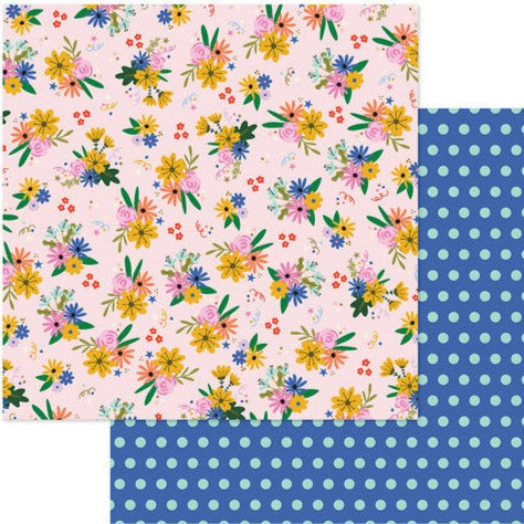 12x12 patterned paper (Side A - bright floral on a light pink background, Side B - teal polka dots on a blue background) - from American Crafts
