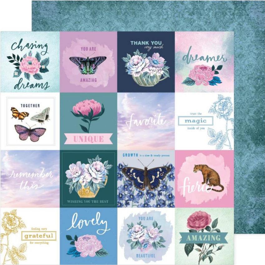 (Side A - a grid of individual squares on the front, each with an inspiring word or phrase and various nature-themed illustrations like flowers, butterflies, and a leopard, in a palette of blues, pinks, purples, and teals; Side B - a distressed or textured blue-green background)