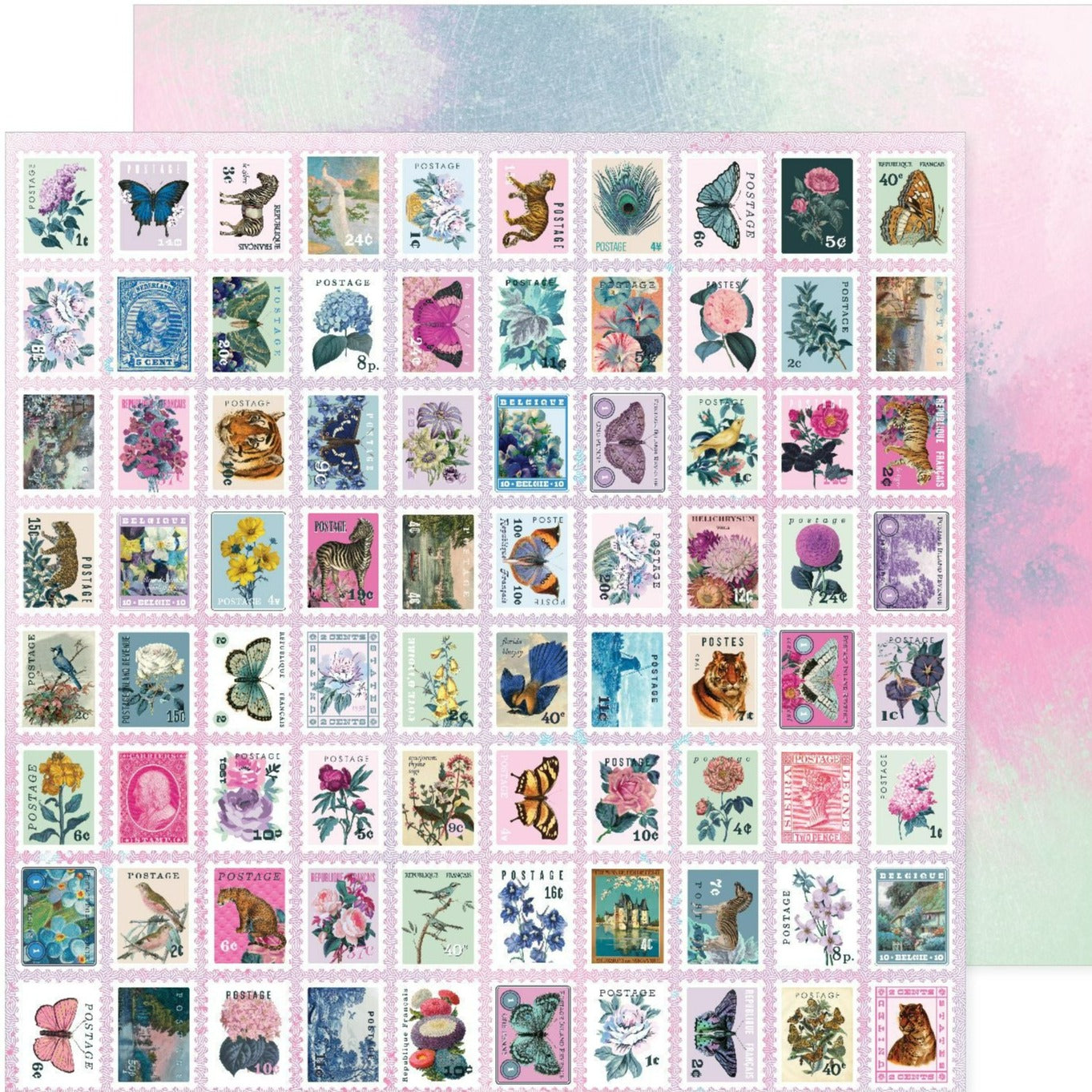 12x12 patterned cardstock. (Side A - rows of beautiful postage stamps with butterflies or flowers; Side B - muted sponged pattern in blue, white, green, and purple) - Archival-safe and acid-free from American Crafts