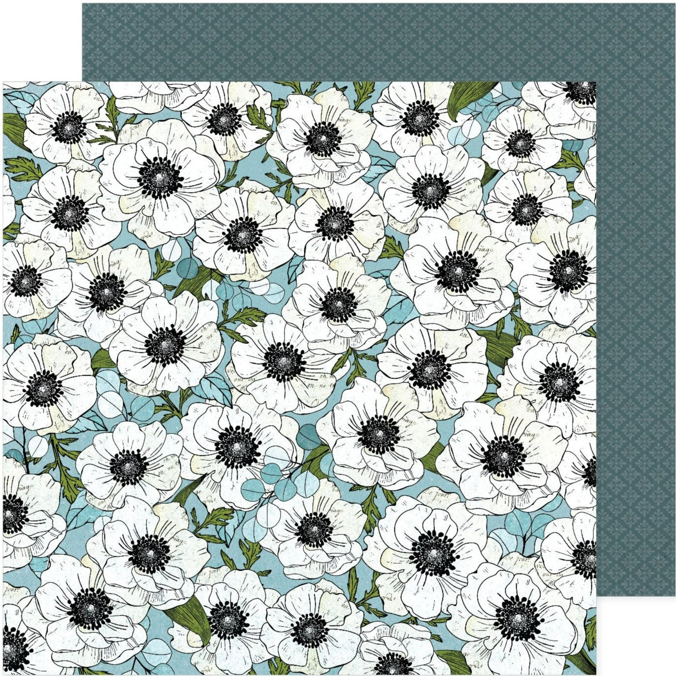 12x12 patterned cardstock. (Side A - beautiful white poppies on a turquoise background, Side B - dark turquoise vintage pattern) - Archival-safe and acid-free from American Crafts