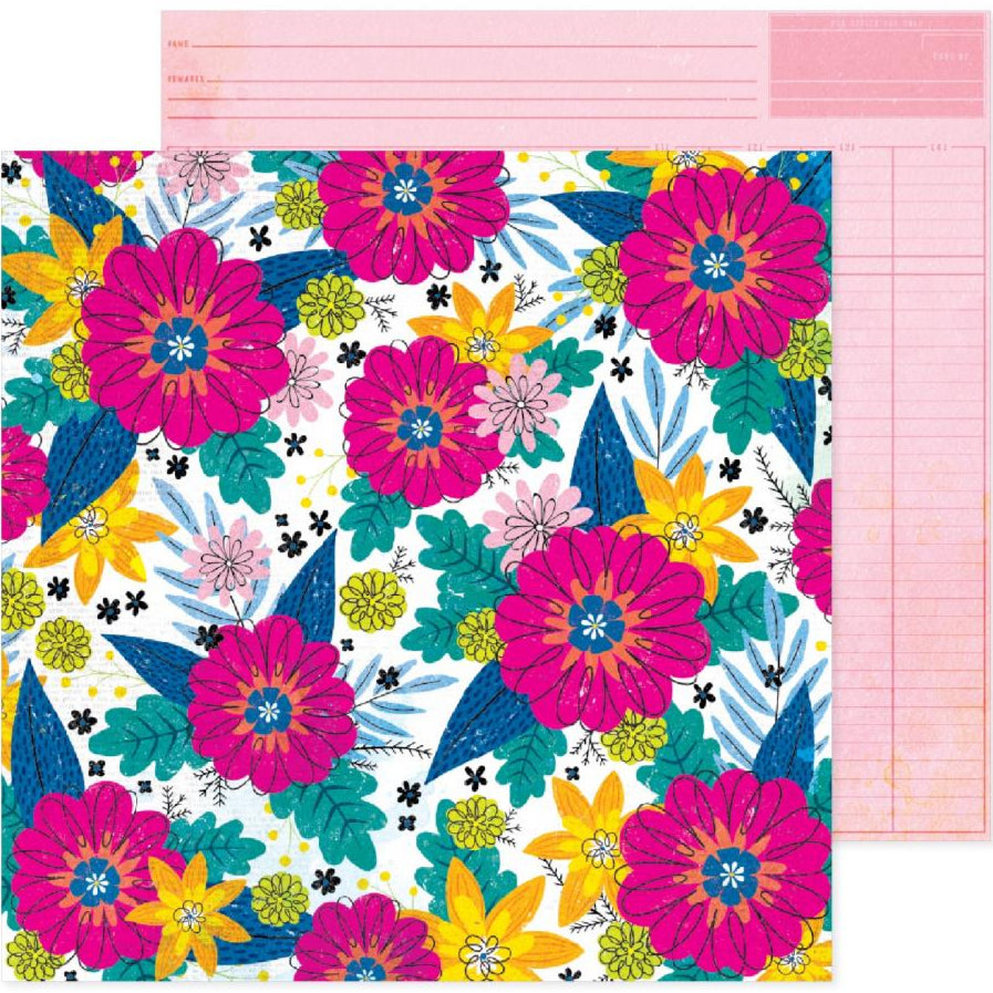 (Side A - a vibrant floral design on the front, with large fuchsia and yellow flowers, teal and blue leaves, and small black starbursts on a white background, Side B - a solid pink with subtle horizontal lines, resembling a ledger or receipt paper)