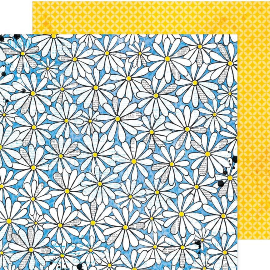 (Side A - cheerful pattern of white daisies with yellow centers on a light blue background, Side B - a bright yellow background with a repeating pattern of small, interlocking geometric shapes)
