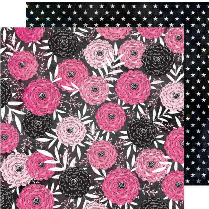 Floral patterned paper with pink and black flowers on a black background with white stars on black reverse.