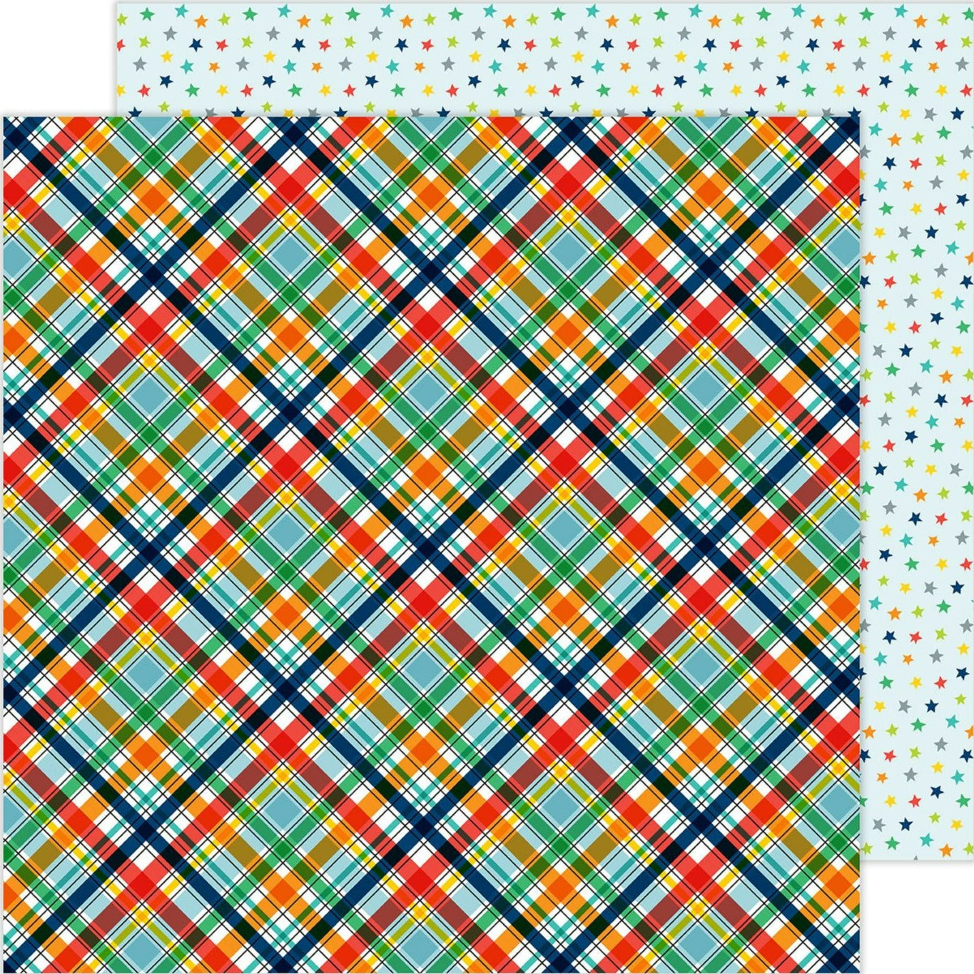(green, yellow, orange, blue, and navy blue plaid on a white background  - little stars in coordinating colors on a light blue background reverse), 12x12 double-sided paper by Pebbles