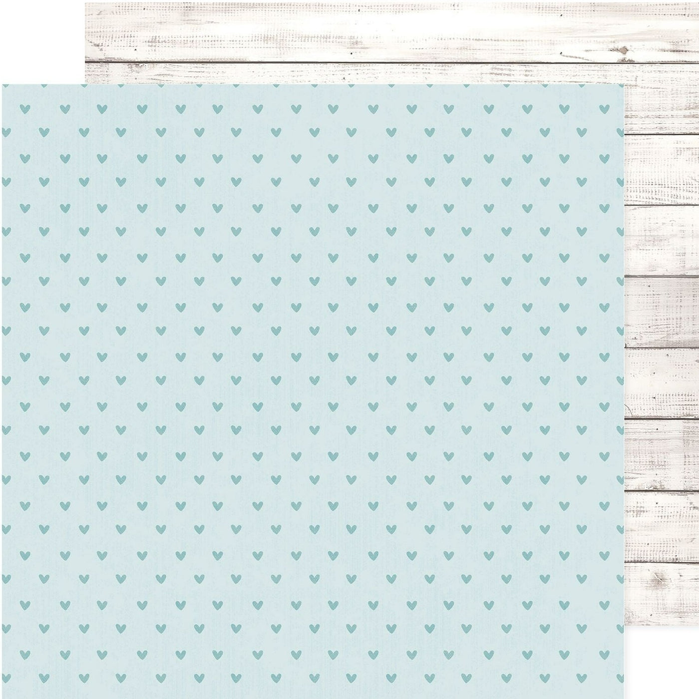 It is printed on two sides. (Side A- rows of little blue hearts on a light blue background, Side B - white-washed wood planks) Acid-free.