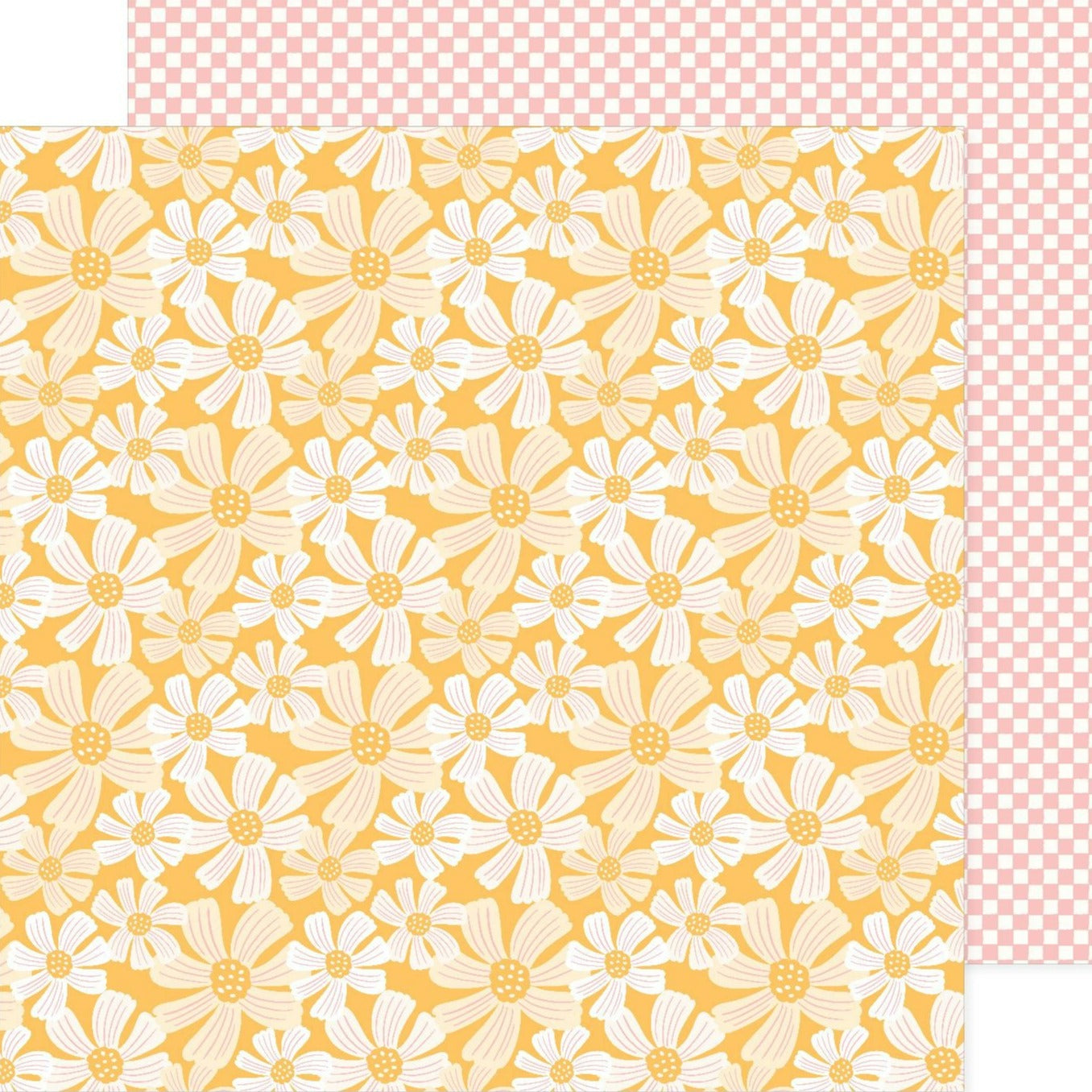 (white daisies of varied sizes on a sunny yellow background - pink and white checkered background reverse). 12x12 double-sided paper by Pebbles.