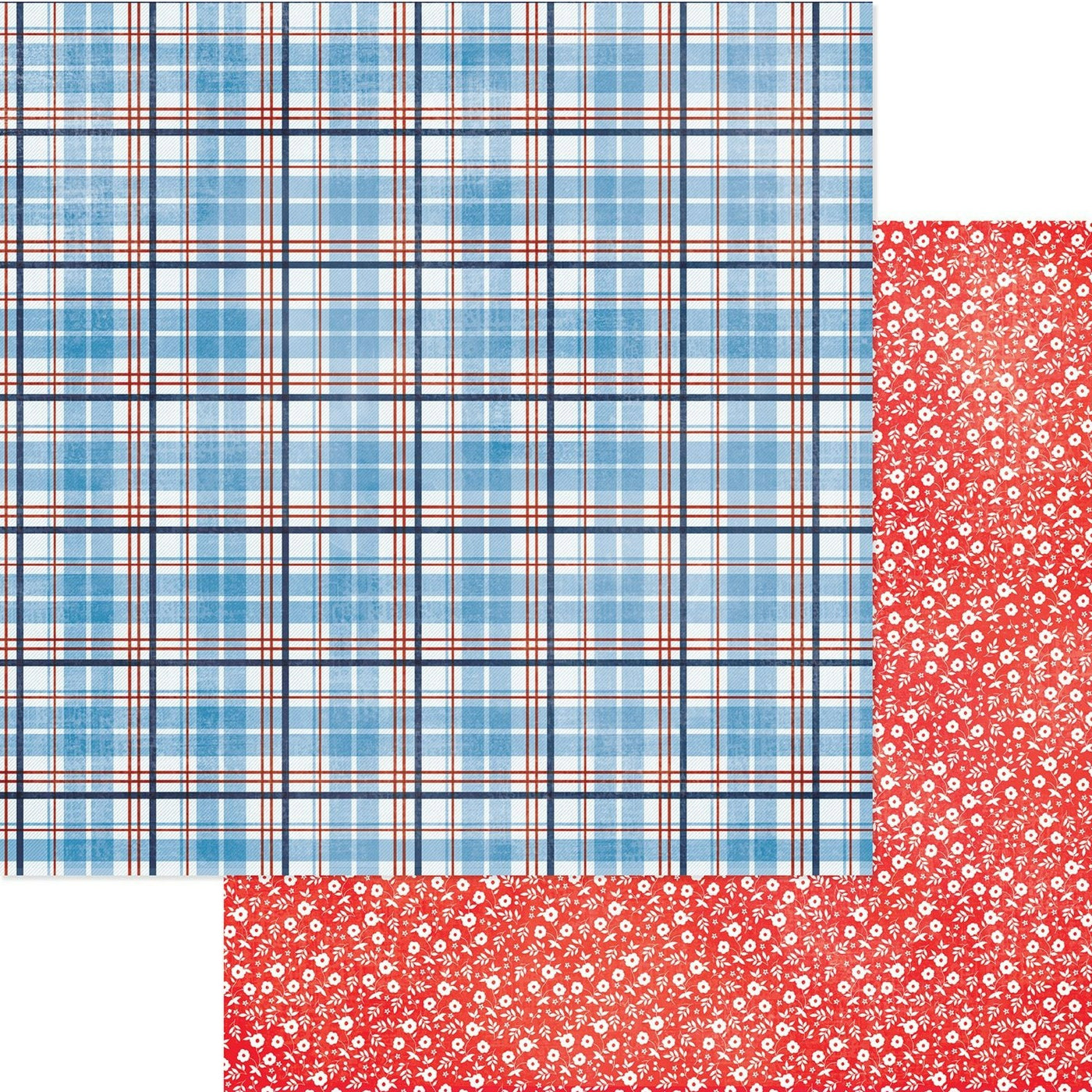 12x12 double-sided patterned paper. (Side A - blue and red plaid on a white background, Side B - small white floral on a red background) - American Crafts