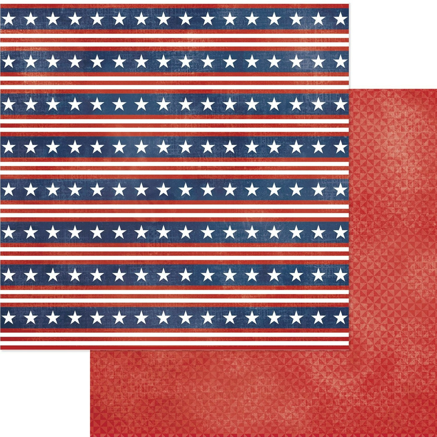 12x12 double-sided patterned paper. (Side A - thick blue stripes with stars and thin red and white stripes alternating, Side B - small triangle pattern on a red background) - American Crafts
