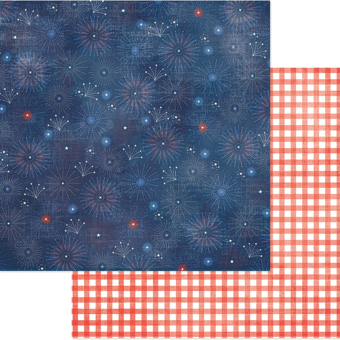 12x12 double-sided patterned paper. (Side A - fireworks on a navy blue background, Side B - red plaid on a white background) - American Crafts
