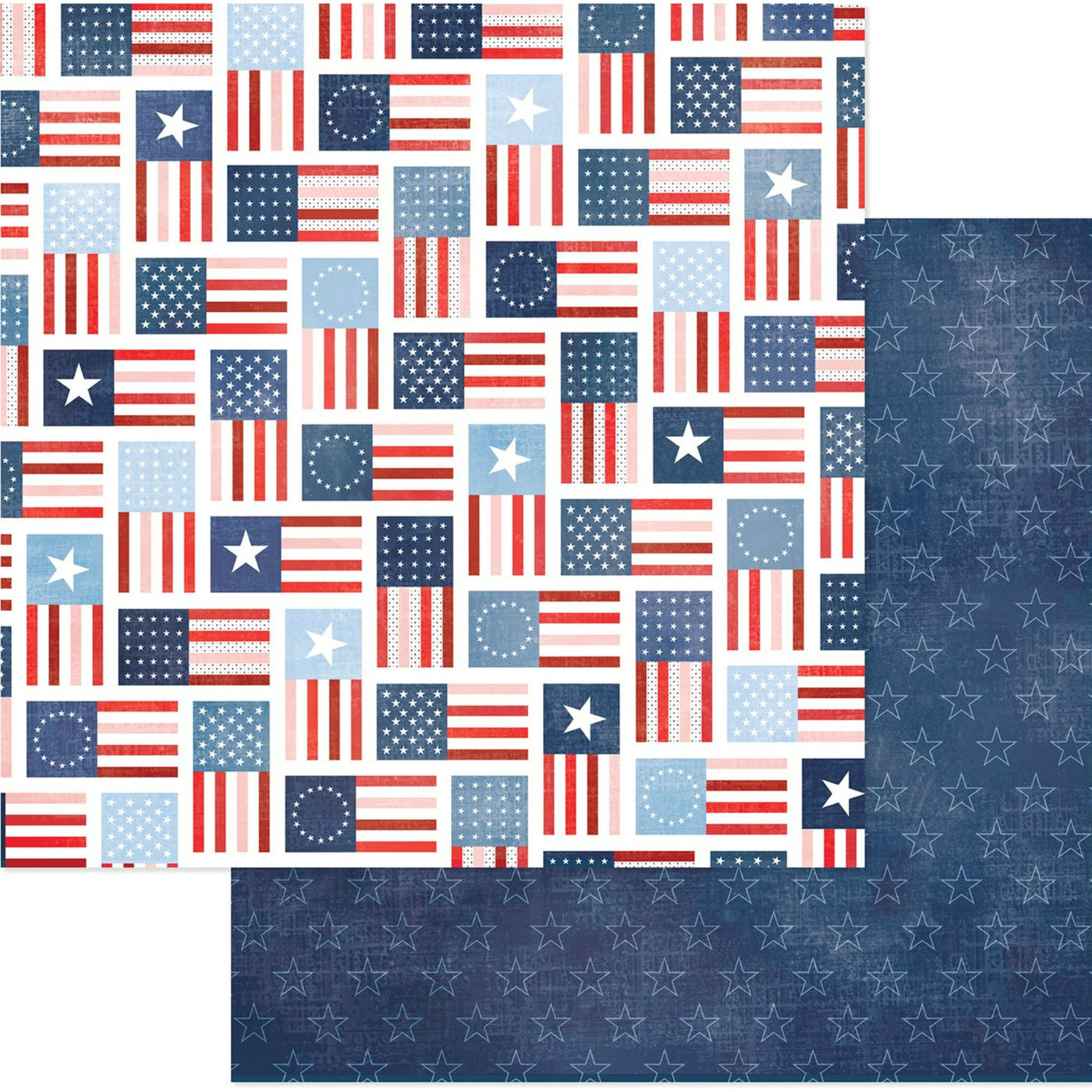 (Side A - quilted American flags on a white background, Side B - blue star pattern background)