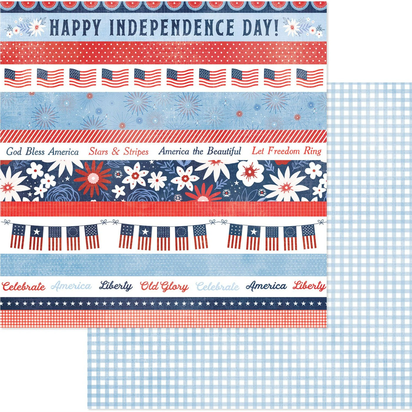12x12 double-sided patterned paper. (Side A - Independence Day banners, Side B - blue gingham background) - American Crafts