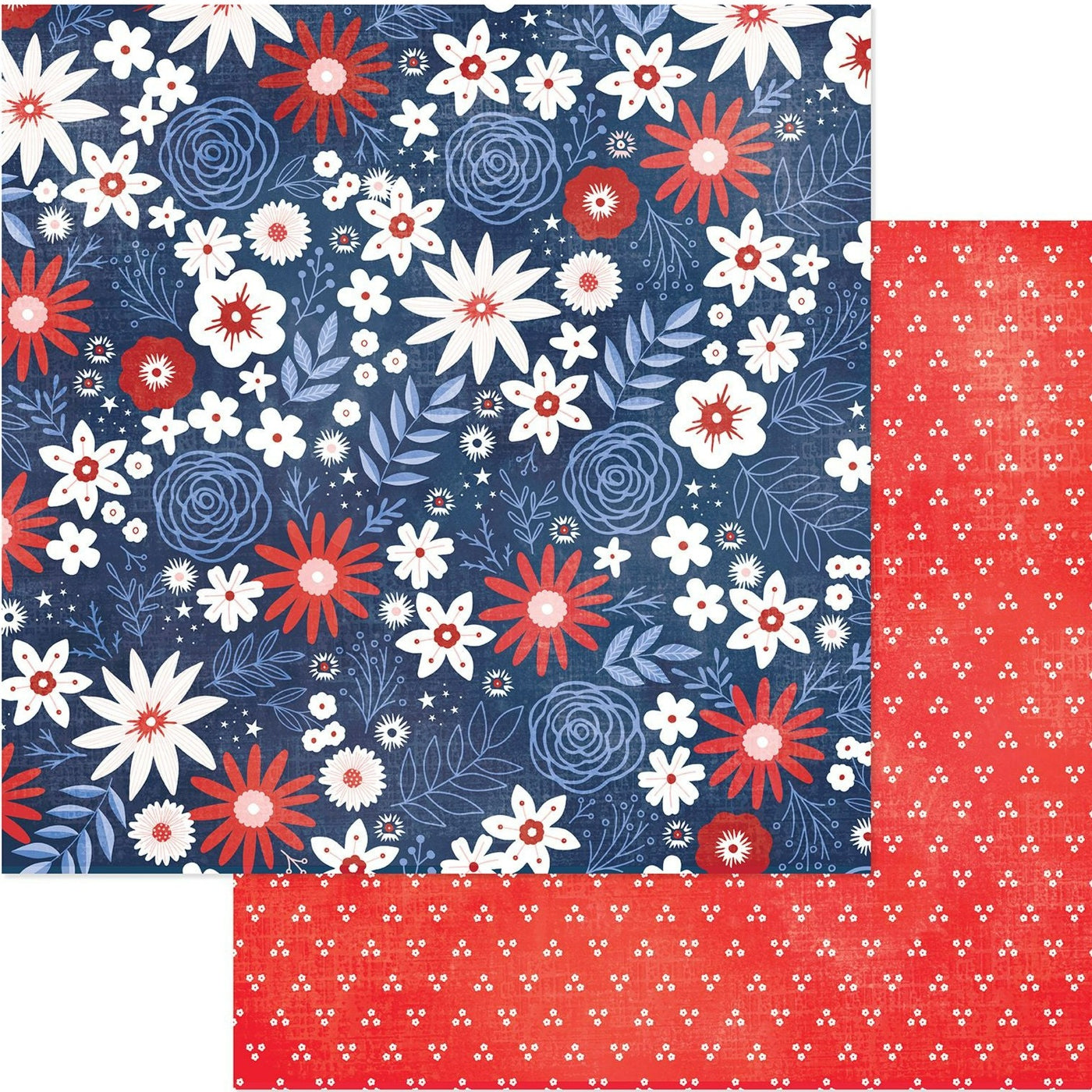 12x12 double-sided patterned paper. (Side A - red, white, and blue floral on a navy blue background. Side B - three white dot triangle pattern on a red background) - American Crafts