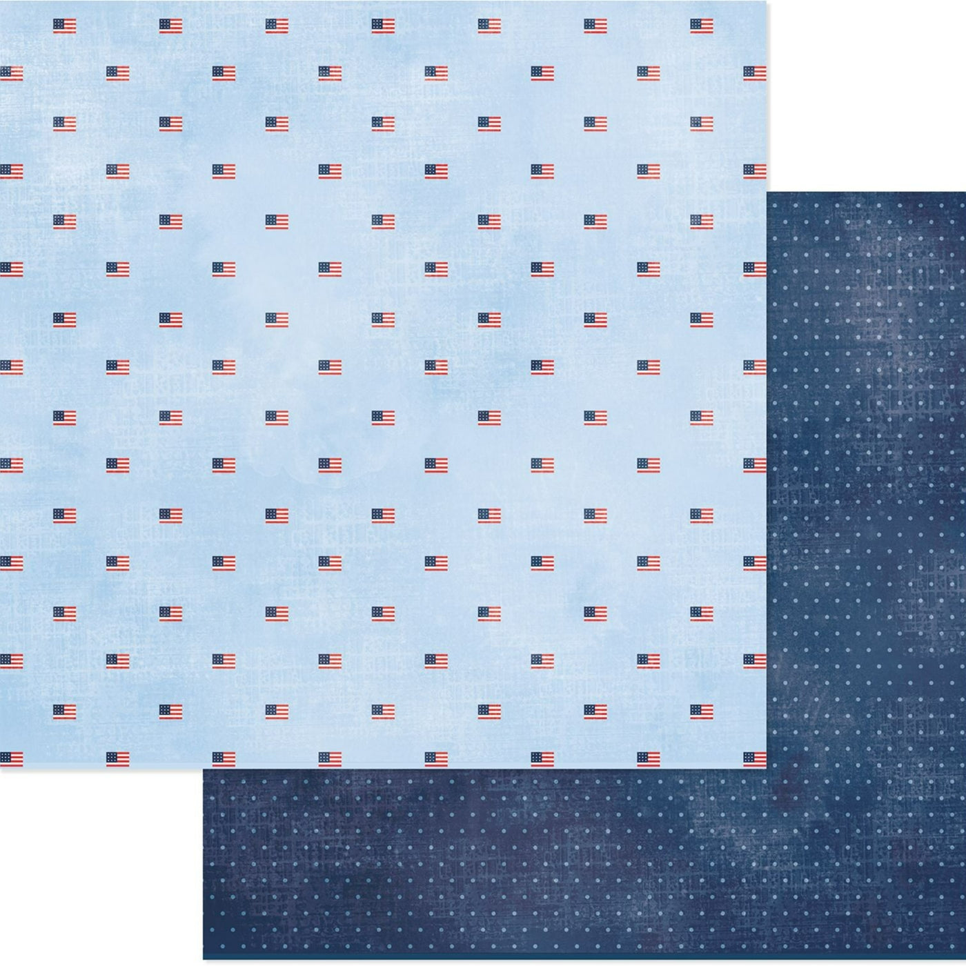 12x12 double-sided patterned paper. (Side A - rows of small American flags on a light blue background. Side B - light blue dots on a navy blue background) - American Crafts