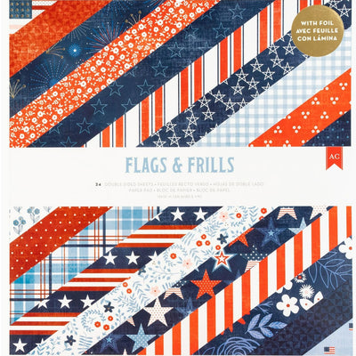Increase your paper crafting potential with Flags and Frills  12x12 Paper Pad. With 24 sheets of various floral, plaid, and patriotic designs, get inspired to create stunning crafts and cards. Versatile and high-quality, elevate your projects with ease.