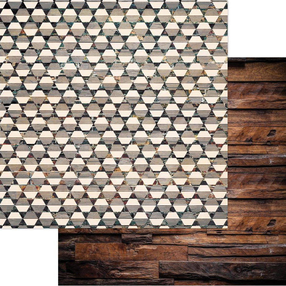 Geometric patterned hexagons with a wooden plank background reverse.