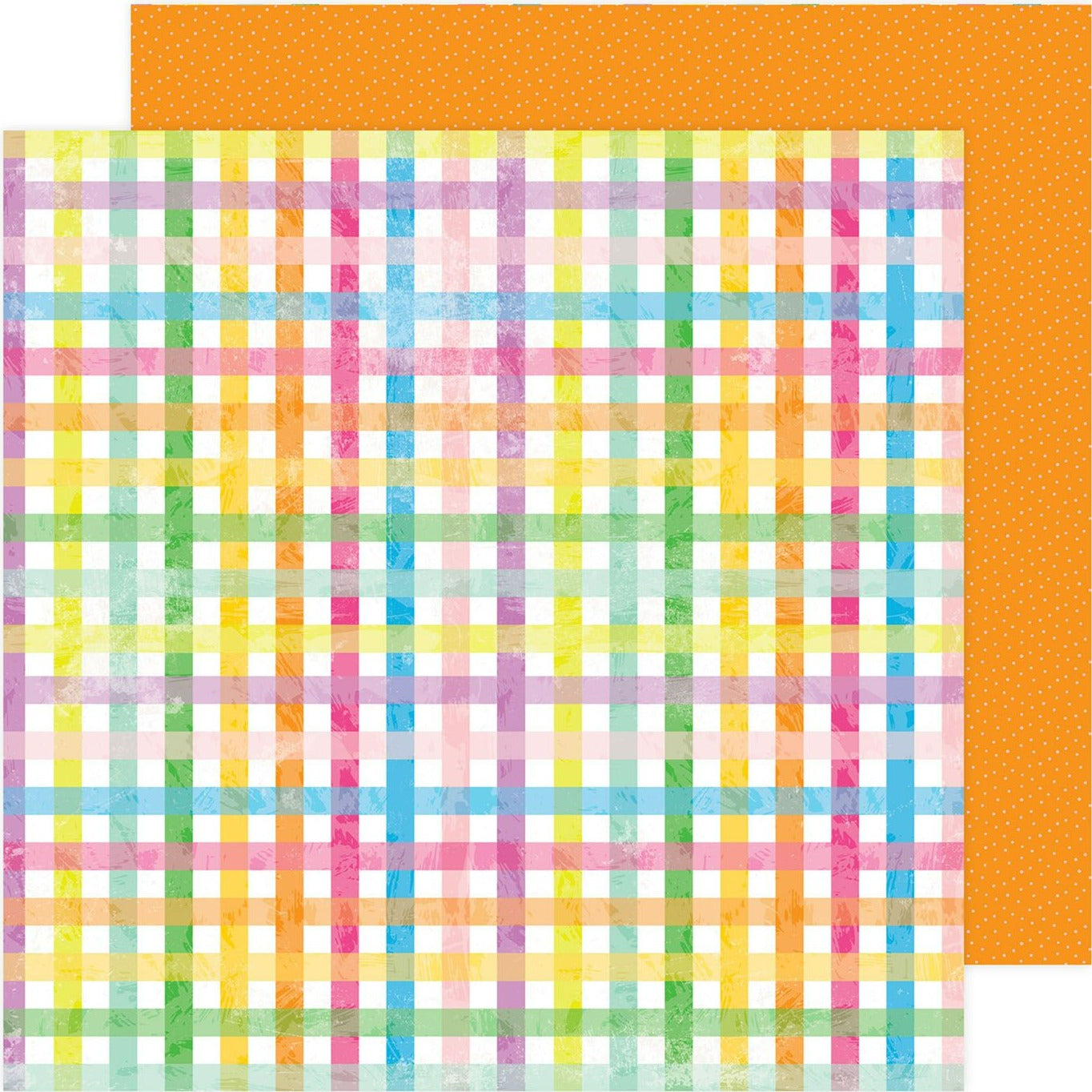 (vibrant plaid on a white background - yellow mini dots on an orange background reverse). 12x12 double-sided paper by Pebbles.