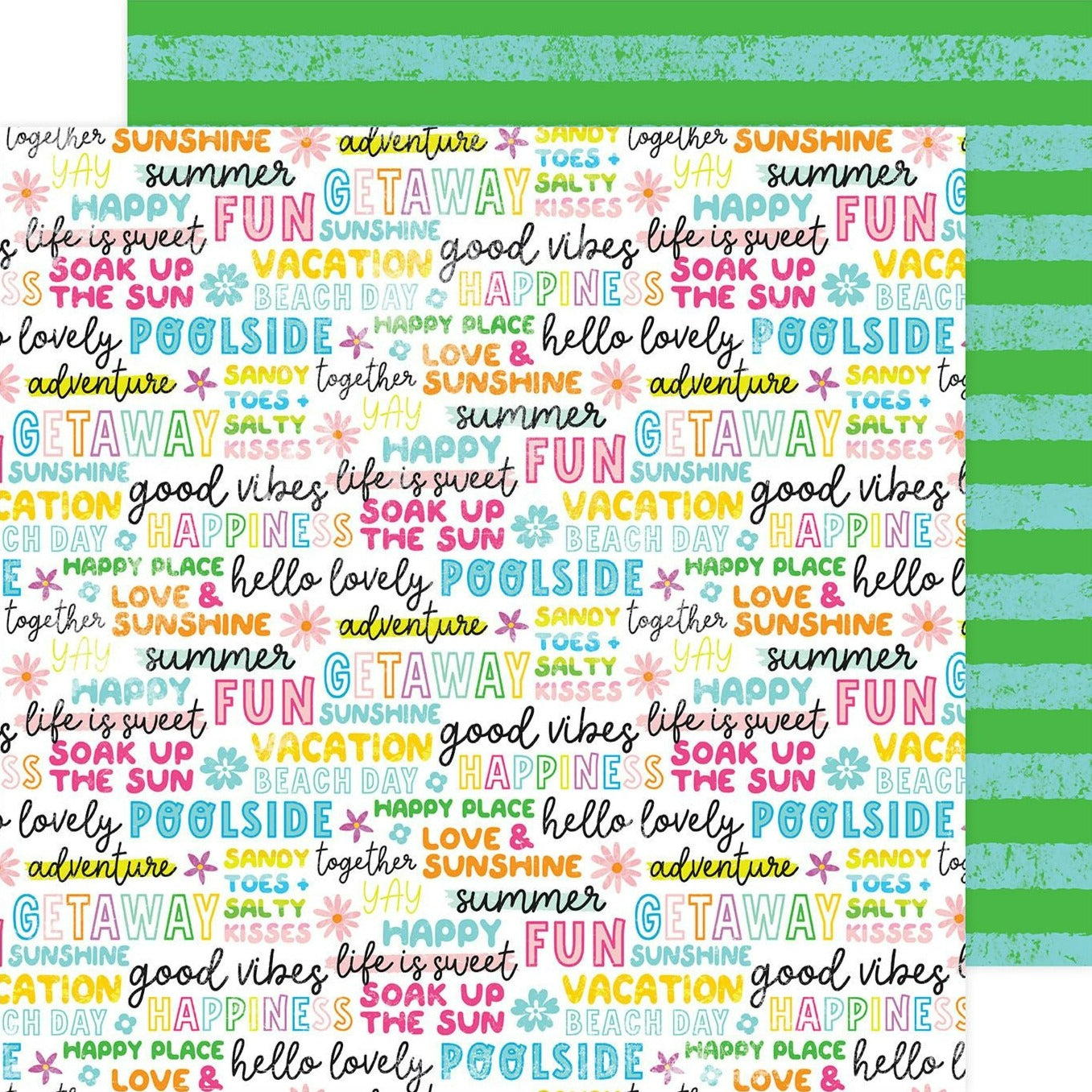 (On a white background, this 12x12 double-sided paper by Pebbles features fun, vibrant summer phrases paired with bright green and cool blue stripes.)