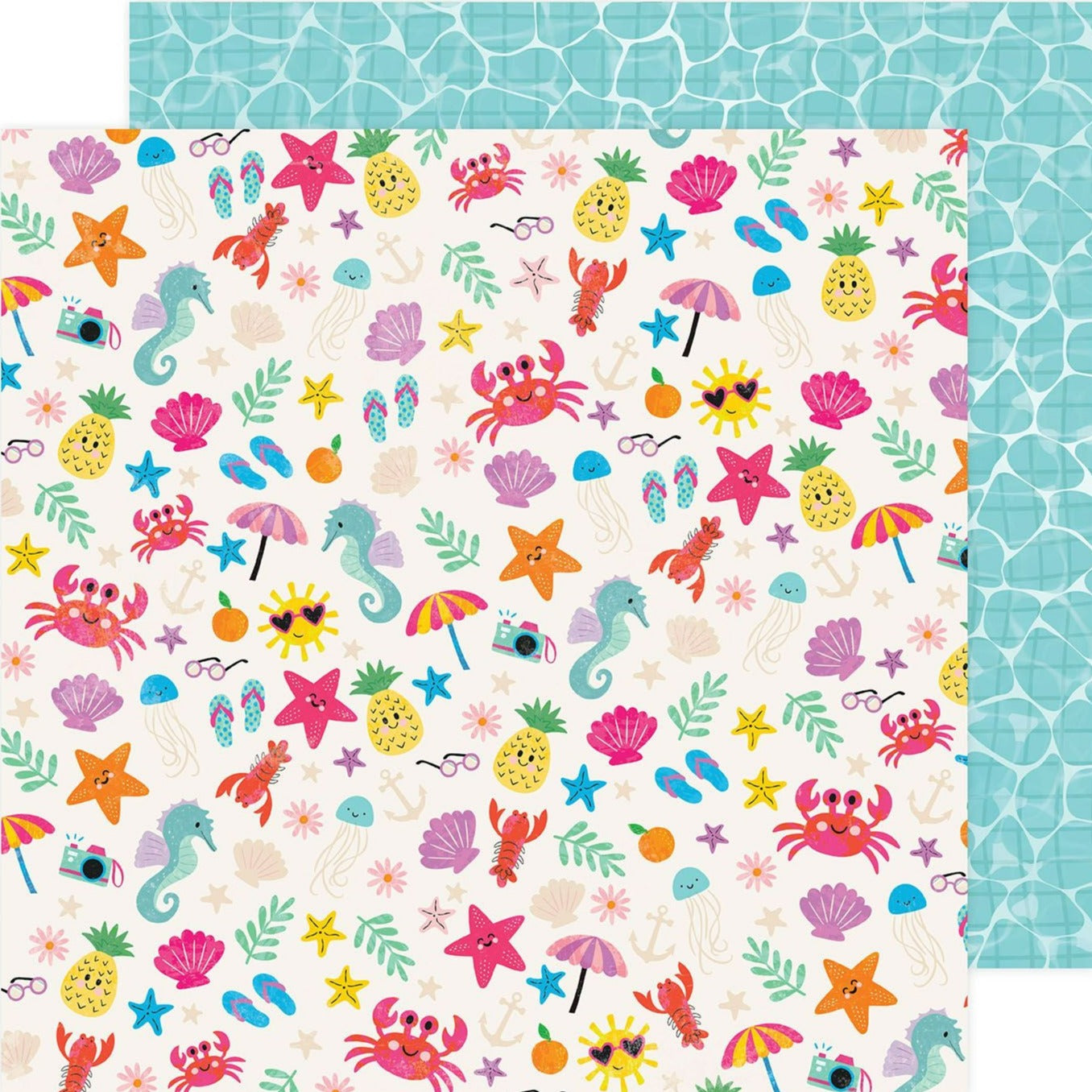 (fun, vibrant beach icons, including starfish, pineapples, crabs, and more on a white background - light blue pool tile with water background reverse)
