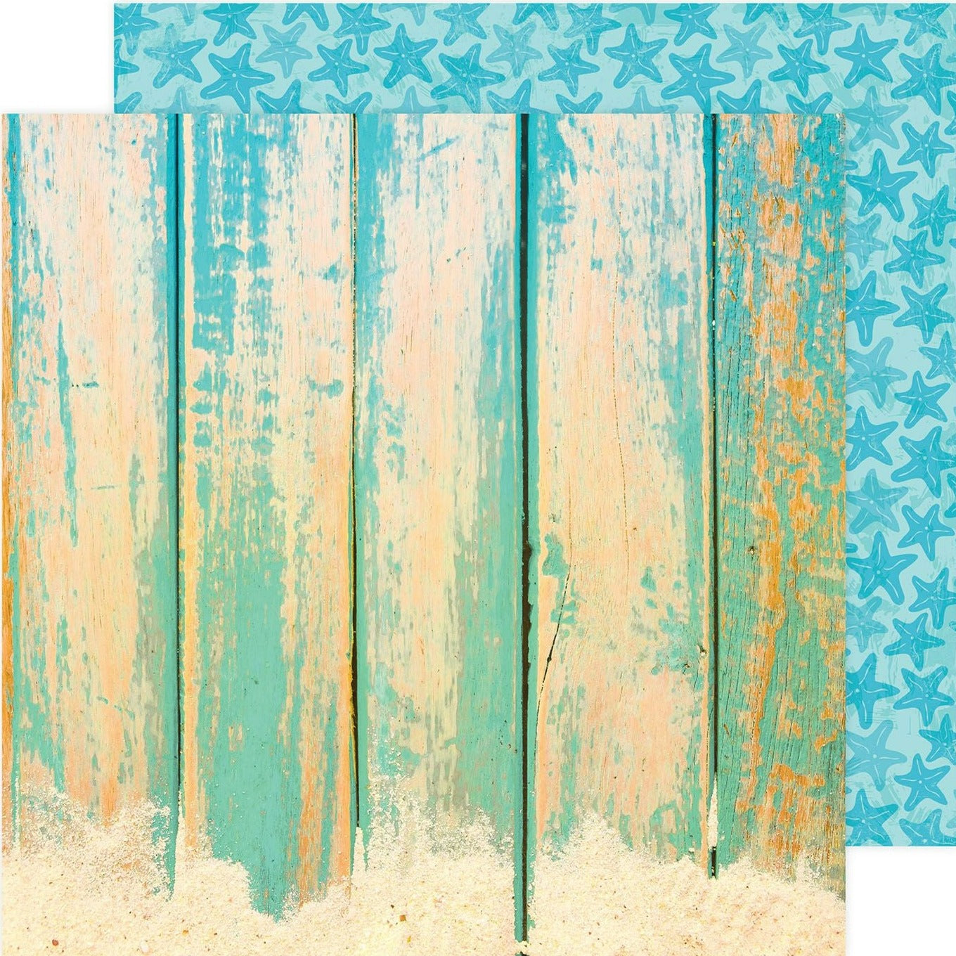 (turquoise distressed wood planks with hints of sand at the bottom - turquoise starfish pattern background reverse)