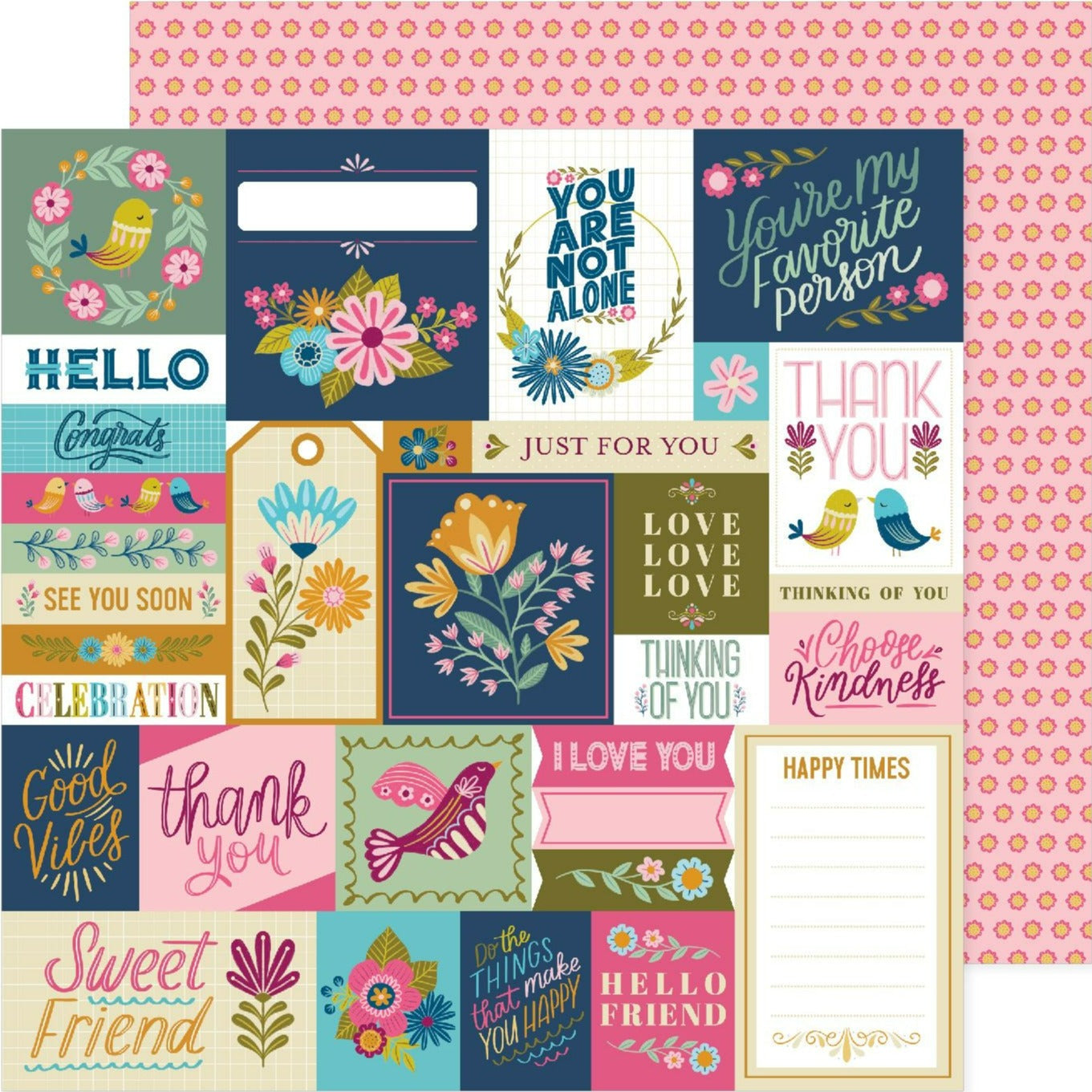 (whimsical journaling cards with a pink flower pattern on a pink background reverse). Double-sided 12x12 paper from Pink Paislee.  