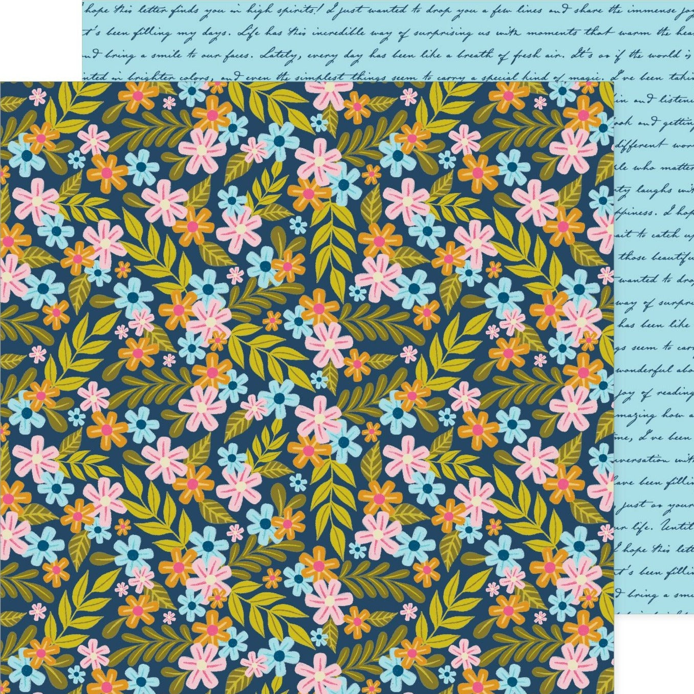 (whimsical pink, blue, and orange flowers with green leaves on a navy blue cursive pattern on a blue background reverse). Double-sided 12x12 paper from Pink Paislee.  