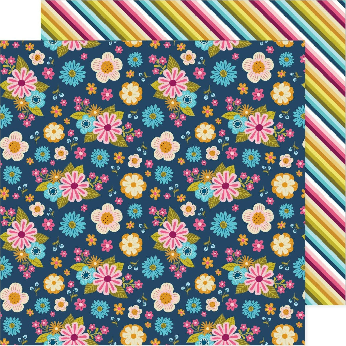 Pink Paislee's double-sided 12x12 paper features a navy blue background adorned with whimsical pink, blue, and orange flowers with green leaves on one side and diagonal stripes in matching colors on the other.
