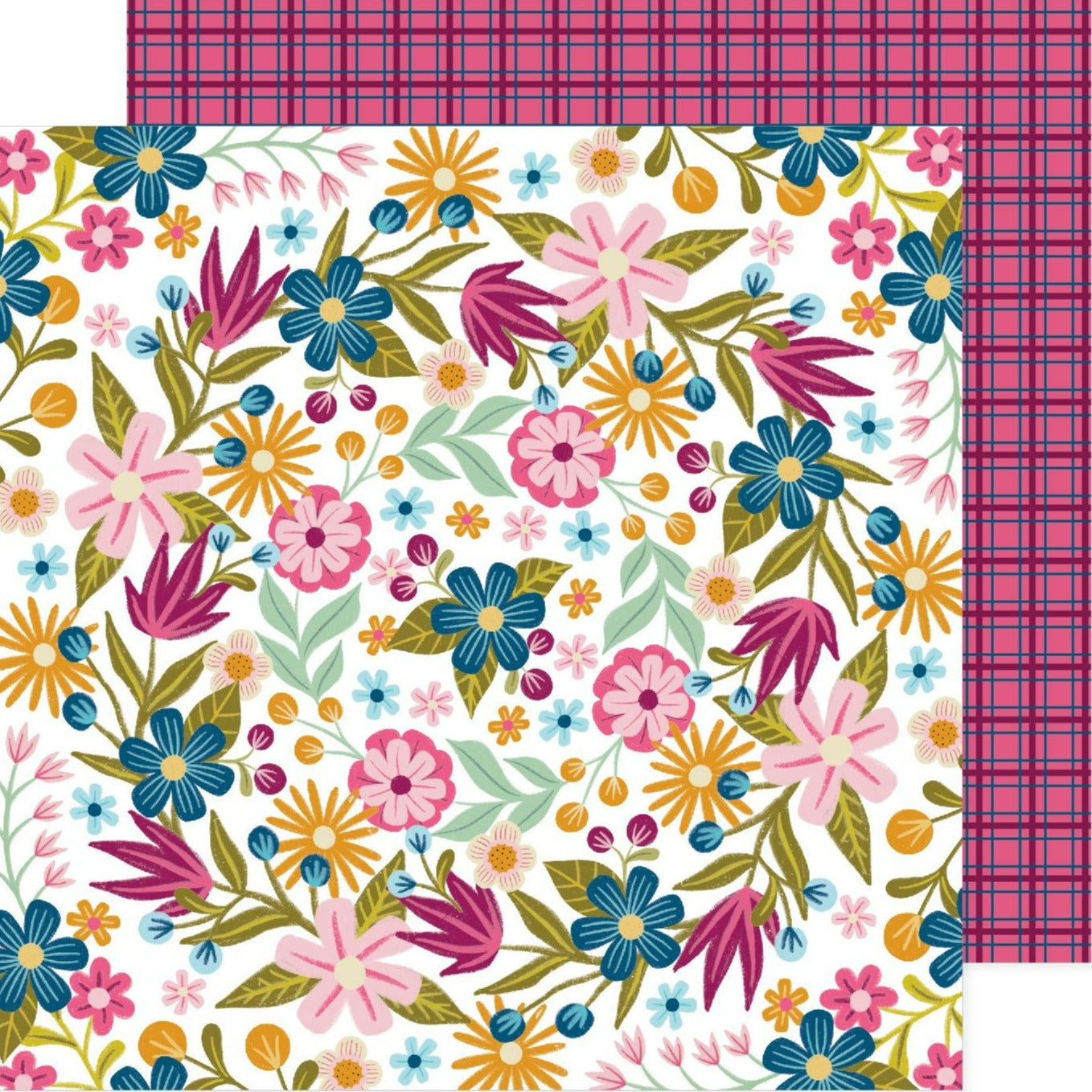 Pink Paislee's double-sided 12x12 paper features a white background adorned with whimsical pink, blue, and orange flowers with green leaves on one side and pink plaid in matching colors on the other.