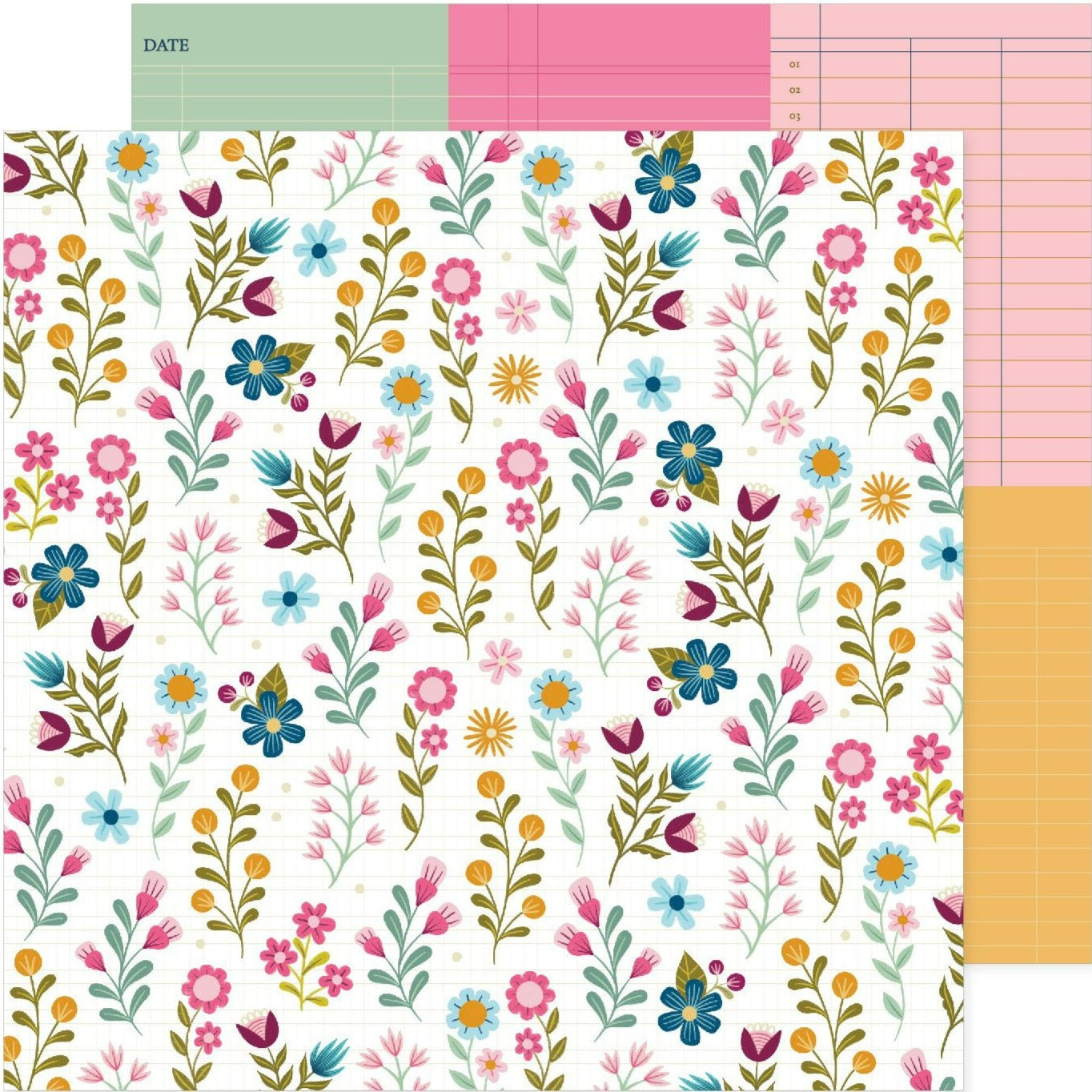 Pink Paislee's double-sided 12x12 paper features a white background adorned with whimsical pink, blue, and yellow flowers with green leaves on one side and 3x4 notecards in matching colors on the other.