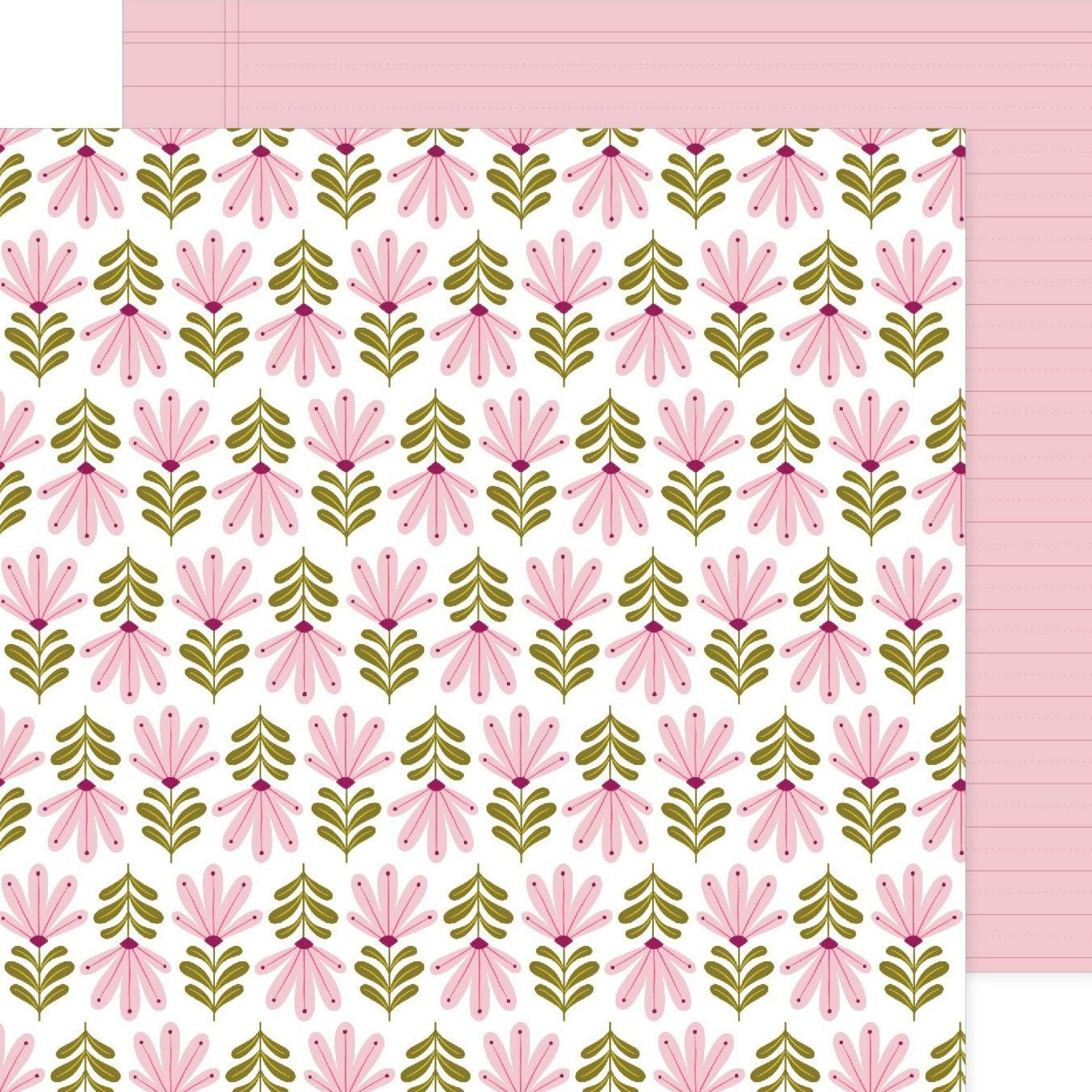 Pink Paislee's double-sided 12x12 paper features a white background adorned with whimsical pink flowers with green leaves on one side and pink-lined notebook paper on the other.