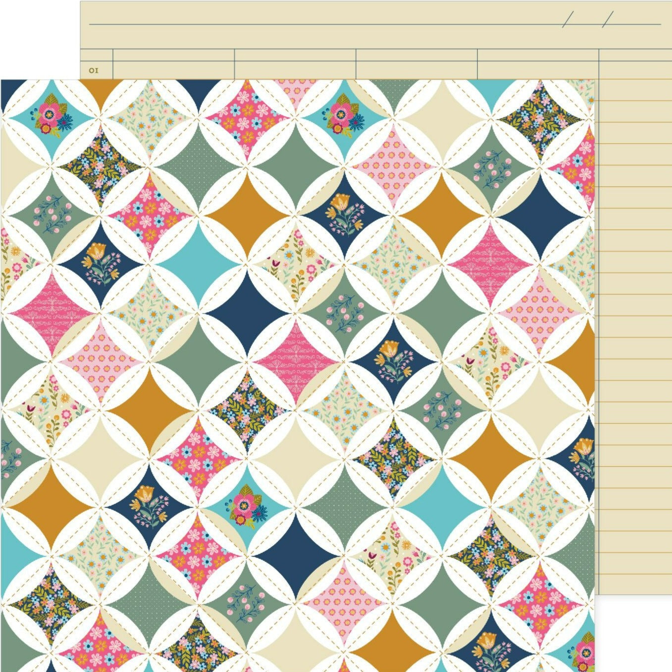 (whimsical quilting pattern in bright colors with cream printed lined ledger paper background reverse). Double-sided 12x12 paper from Pink Paislee.  