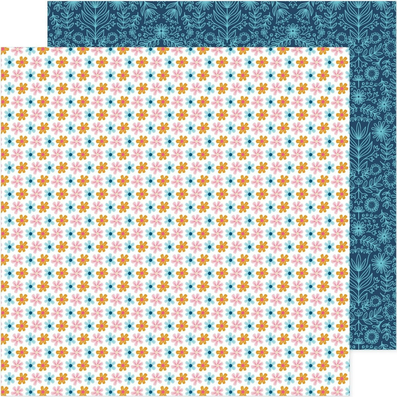 (whimsical pink, orange, and blue flowers on a white background with a turquoise flower pattern on a navy blue background reverse). Double-sided 12x12 paper from Pink Paislee. 