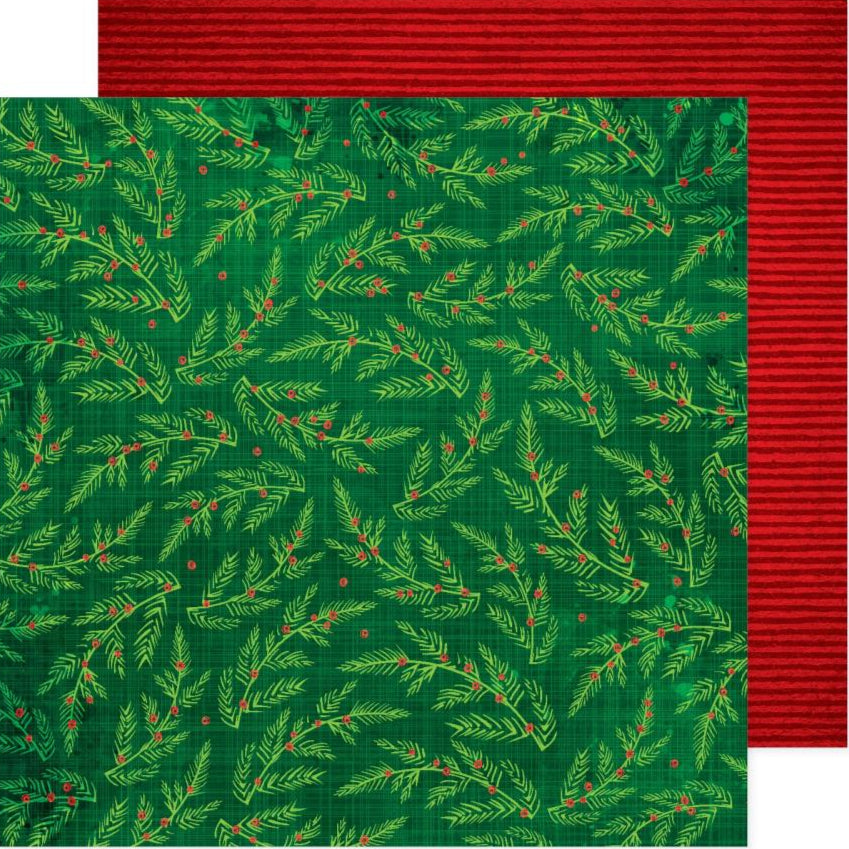 green holly on a dark green background with a red striped reverse.
