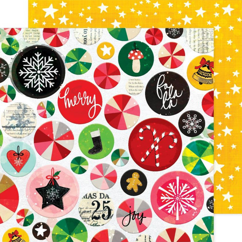 Colorful Christmas-themed paper with various designs on a white background